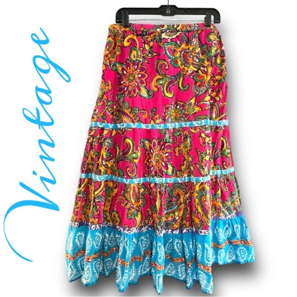 PINK TURQUOISE FLORAL TIER MAXI SKIRT SZ XLG